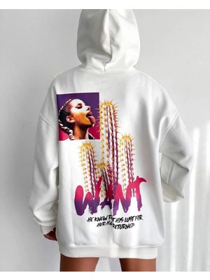 Nemere Baskılı Üç Iplik Kapüşonlu Oversize Sweatshirt - Beyaz