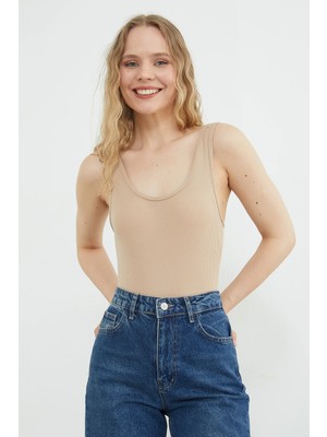 FullaModa Fitilli Kaplı U Yaka Çıtçıtlı Body