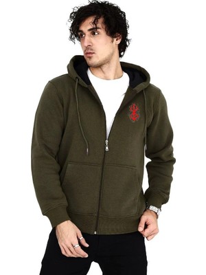Nemere Baskılı Tam Fermuarlı Kapşonlu Sweatshirt - Haki