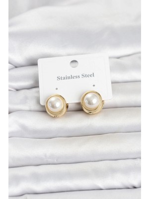 Nemere Mey Ithalat® 316L Çelik Gold Renk Incili Model Kadın Küpe