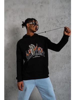Nemere Oversize Kapüşonlu Sweatshirt – Siyah Renk Üç Iplik Içi Pamuklu Kanguru Cepli Baskılı Hoo