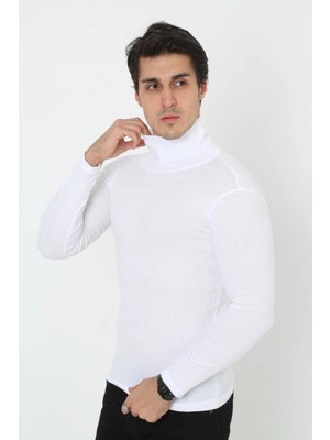 Beruflic Erkek Fitilli Kaşkorse Kumaş Boğazlı Full Likralı Slimfit Body - Beyaz