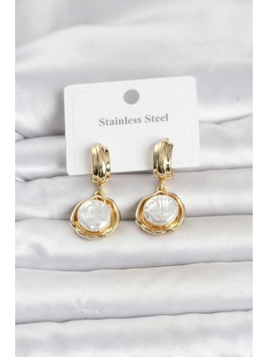 Nemere Mey Ithalat® 316L Çelik Gold Renk Inci Detaylı Kadın Küpe