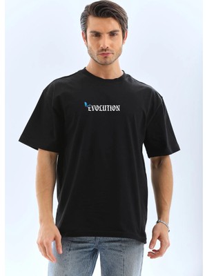 Nemere Bisiklet Yaka Baskılı Oversize T-Shirt - Siyah