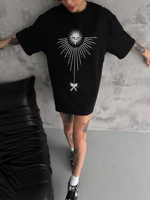 Nemere Bisiklet Yaka Baskılı Oversize T-Shirt - Siyah