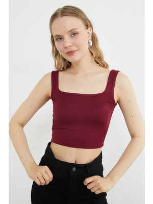 FullaModa Basic Kare Yaka Kaplı Crop Body