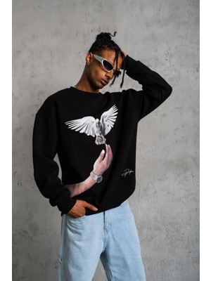 Nemere Güvercin Baskılı Sweatshirt - Siyah