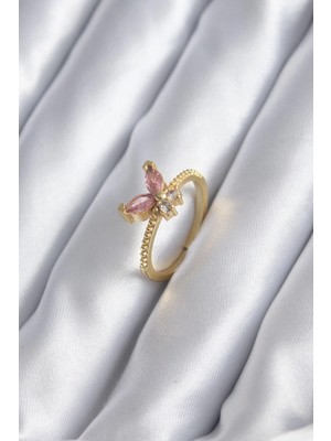 Nemere Mey Ithalat® Gold Renk Pembe Zirkon Taşlı Kelebek Model Kadın Yüzük