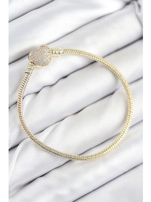 Beruflic Pirinç Charm Zirkon Taşlı Kalp Model Gold Renk Kadın Bileklik