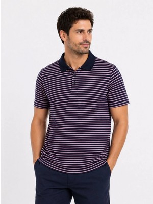 Marsilyan Erkek Pike Kumaş Gül Kurusu Çizgili Polo Yaka Tişört Kısa Kol T-Shirt - Siyah