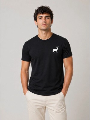 Marsilyan Erkek Minimal Geyik Logolu Tişört Bisiklet Yaka Kısa Kol Yazlık T-Shirt - Siyah