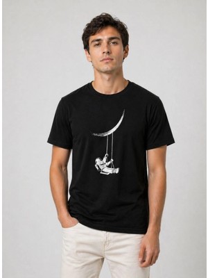 Marsilyan Erkek Astronot Ay Temalı Tişört Kısa Kol Yazlık Bisiklet Yaka T-Shirt - Siyah