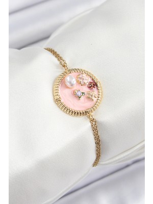 Stylmenplus 316L Çelik Zincir Pembe Mineli Sanatsal Portre Inci Detaylı Çiçek Model Gold Renk Kadın Bileklik