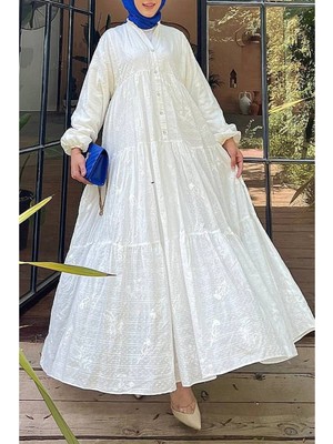 Moda Morfo Parçalı Düğme Detaylı Elbise -Beyaz
