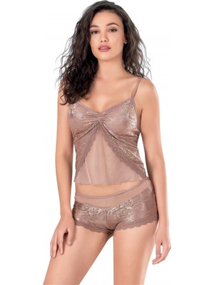 Liyuza Vizon Jakarlı Babydoll Şort Takımı
