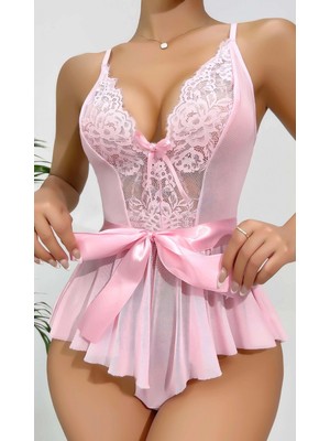 Liyuza Kadın  Kontrast Dantel Kemerli Teddy Body Gecelik 2118