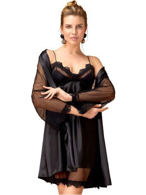 Liyuza Dantel Detaylı Saten Gecelik ve Sabahlık Takımı Kimono Set