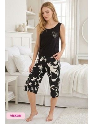 Bie's Kadın Düğmesiz Bisiklet Yaka Atlet Bermuda Homewear - Viskon Kolsuz Kapri Pijama Takımı