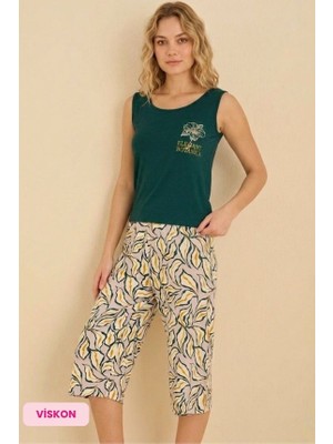 Bie's Kadın Düğmesiz Bisiklet Yaka Atlet Bermuda Homewear - Viskon Kolsuz Kapri Pijama Takımı