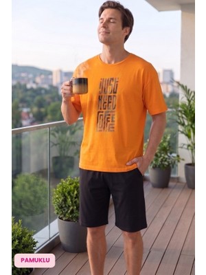 Bie's Erkek Bisiklet Yaka Düğmesiz Pamuklu Yazlık Kısa Kol Cepli Şortlu Pijama Takımı