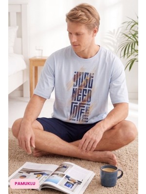 Seamlife Homewear Erkek Mavi Bisiklet Yaka Düğmesiz Pamuklu Yazlık Kısa Kol Cepli Şortlu Pijama Takımı