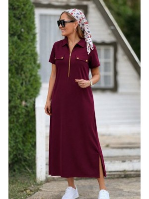 Alyn Wear Kadın Kısa Kollu Yakalı Fermuarlı Uzun Viskon Iki Iplik Elbise