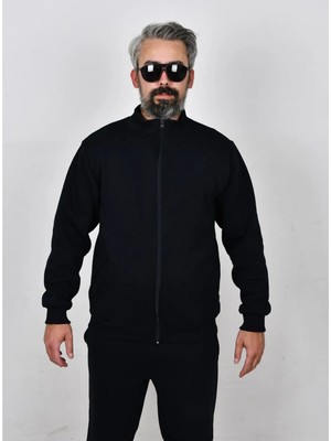 Eşofman Üstü Ceket Koyu Lacivert Unisex Fermuarlı Üç Iplik Şardonlu Cepli Regular Kesim