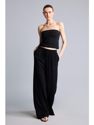 DeFacto Wide Leg Yüksek Bel Keten Siyah Pantolon E0127AX26SM