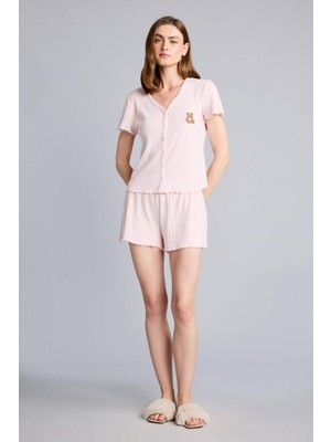 DeFacto Regular Fit Kısa Kollu Ayıcıklı 2'li Pembe Pijama Takım H6328AX26SM