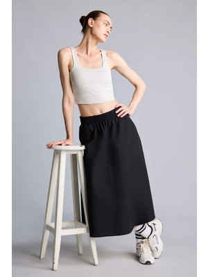 DeFacto Standart Fit Dokuma Lastikli Bel Midi Siyah Etek I0233AX26SM