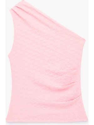 Koton Bürümcük Kumaş Dokulu Drape Detaylı Kolsuz Tek Omuz Bluz