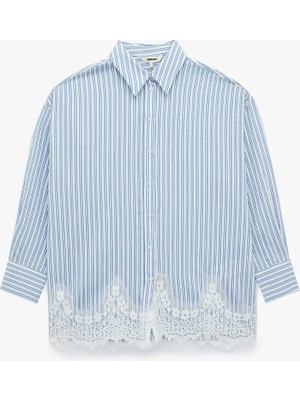 Koton Uzun Kollu Dantel Detaylı Poplin Çizgili Oversize Gömlek