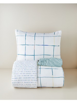 English Home Cozy Check Kolay Ütülenir Çarşaflı Tek Kişilik Nevresim Takımı 160x220 cm Mavi-Sarı