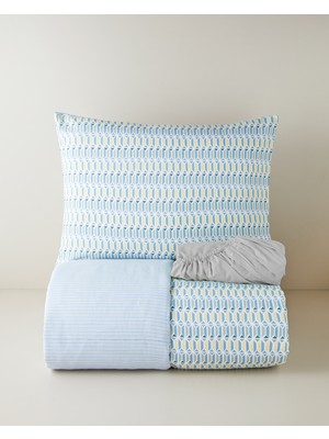 English Home Geo Harmony Kolay Ütülenir Çarşaflı Tek Kişilik Nevresim Takımı 160x220 cm Mavi-Sarı