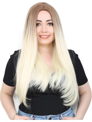 Liyuza Fiber Sentetik Uzun Düz Peruk - Kumral / Platin Ombreli