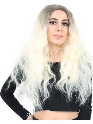 Liyuza Kabarık Dalgalı Uzun Fiber Sentetik Peruk - Küllü Açık Kahve / Platin Ombreli