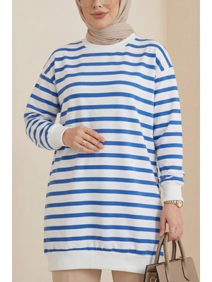 Moda Morfo Yan Çizgili Bisiklet Yaka Sweat   -İndigo