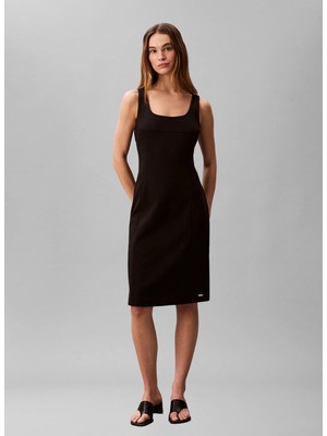 Calvin Klein Siyah Kadın Kare Standart Elbise Scuba Crepe Sl Scoop Nk Dress