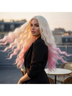Liyuza Fiber Sentetik Uzun Su Dalgası Peruk - Platin / Pembe Ombreli