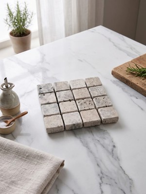 Kaelite Mozaik Mermer Bardak Altlığı 10 x 10 cm - Doğal Taş Tasarım Sunum Altlığı