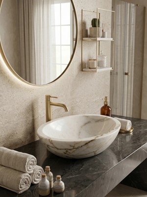 Kaelite Tezgah Üstü Doğal Mermer Evye - 40 cm Oval Tasarım Banyo Lavabosu