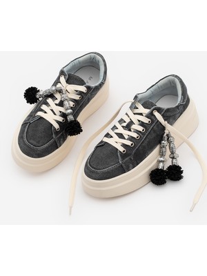Marjin Kadın Sneaker Kalın Taban Denim Çıkarılabilir Boncuklu Tokalı Spor Ayakkabı Pevosa Siyah Kot