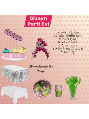 Dizayn Parti Evi Dzyn Minnie Mouse Temalı 8 Kişilik Parti Sofra Seti Taç Hediyeli Doğum Günü Seti