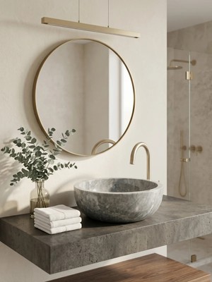 Kaelite Tezgah Üstü Yuvarlak Mermer Evye - 40 cm Modern Doğal Taş Banyo Lavabosu