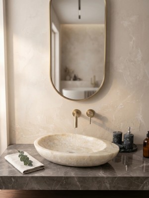 Kaelite Lüks Doğal Mermer Banyo Evyesi - 56X39X11 cm Özel Kesim Lavabo Tasarımı