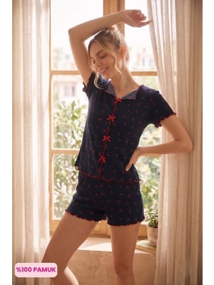 Seamlife Kadın Kayık Yaka Düğmesiz Fitilli Kumaş Fiyonklu %100 Pamuk Kısa Kollu Mini Şortlu Pijama Takımı