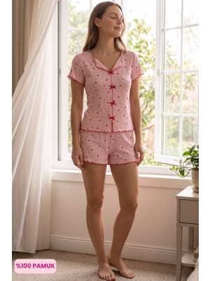 Seamlife Kadın Pembe Kalp Desen Kayık Yaka Düğmesiz Fitilli Kumaş Fiyonklu %100 Pamuk Kısa Kol Mini Şortlu Pijama Takımı