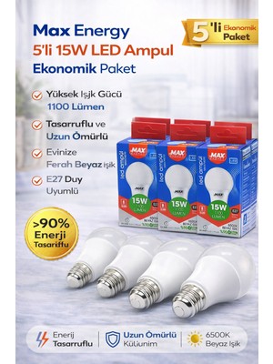 Mir Kitap Max Energy 15W LED Ampul E27 Duy 6500K Beyaz Işık 1100 Lümen Tasarruflu Ampul 5 Adet