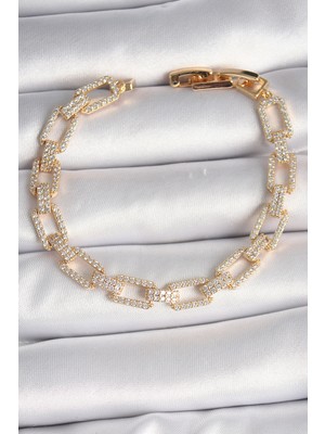 Mir Kitap Pirinç Gold Renk Zirkon Taşlı Zincir Model Vıp Seri Kadın Bileklik