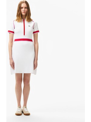 Lacoste Kadın Classic Fit Kısa Kollu Polo Yaka Renk Bloklu Beyaz Elbise